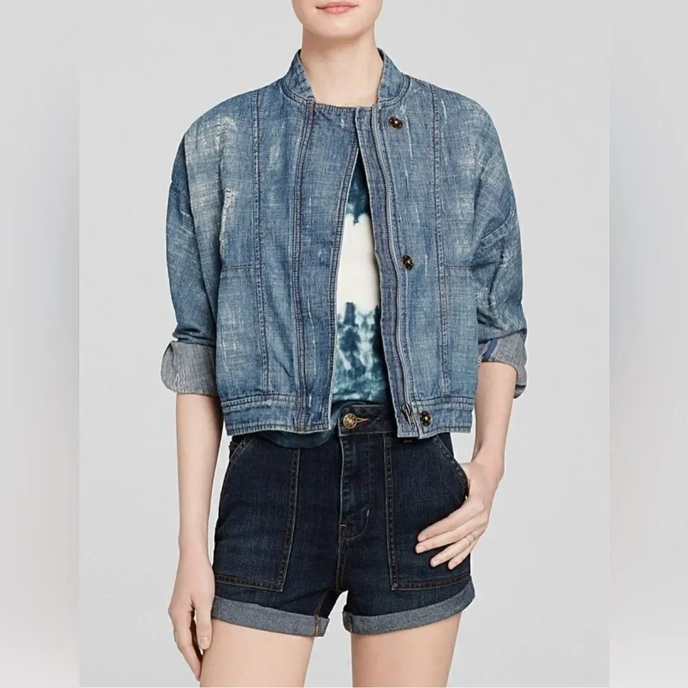 Free people bomber jacket Tattered Tennis Distressed jean jacket size Medium - Picture 1 of 7